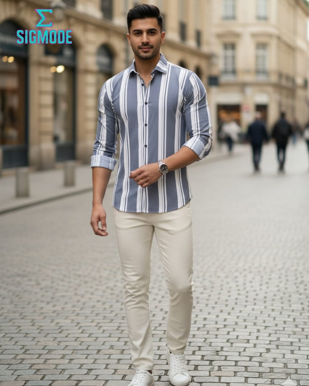 White & Grey Striped Semi-Formal Shirt - Premium Cotton