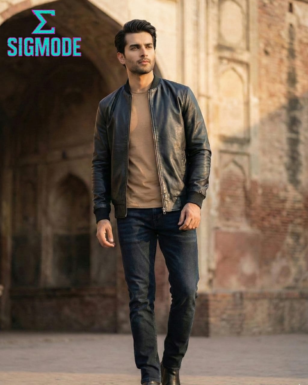 Premium Leather Jacket with Ribbed Collar & Sleeves - Men's Bomber Style